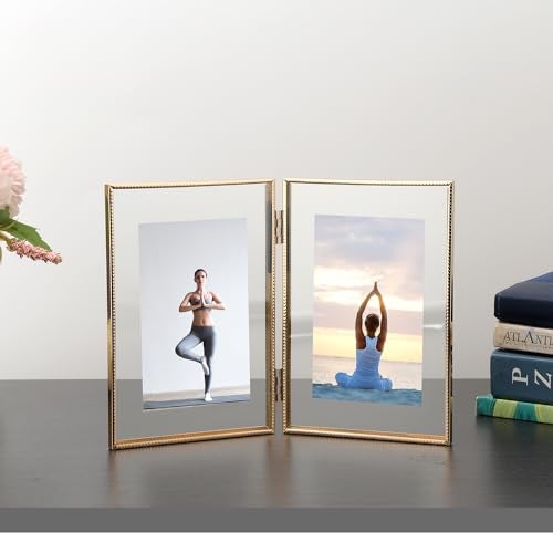 GorYeeFine Gold 5x7''Double Floating Frame,For Photo Sizes(3.5 x5'' & 4x 6''),4X6''Metal Lace Edge Frames Adjustable Tabletop/Shelf Photo Frame,for Wedding,Thanksgiving,Christmas - Image 3