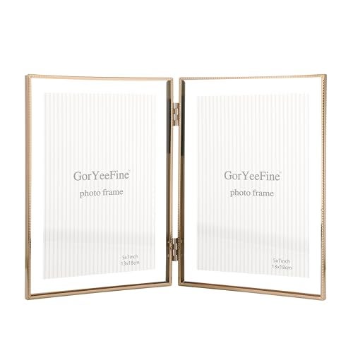 GorYeeFine Gold 5x7''Double Floating Frame,For Photo Sizes(3.5 x5'' & 4x 6''),4X6''Metal Lace Edge Frames Adjustable Tabletop/Shelf Photo Frame,for Wedding,Thanksgiving,Christmas - Image 1