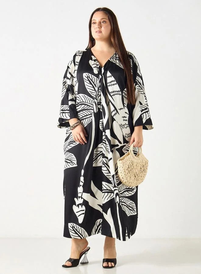 Ulla Popken Plus Size Ulla Popken All-Over Leaf Print V-Neck Kaftan Dress