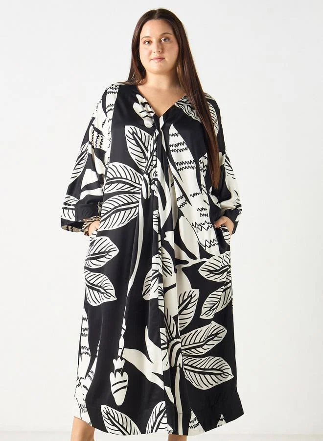 Ulla Popken Plus Size Ulla Popken All-Over Leaf Print V-Neck Kaftan Dress