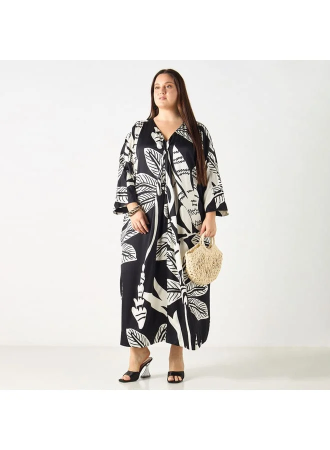 Ulla Popken Plus Size Ulla Popken All-Over Leaf Print V-Neck Kaftan Dress