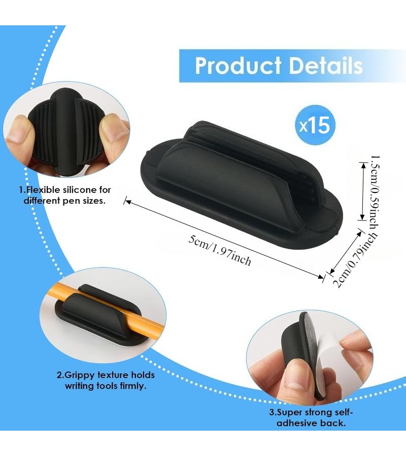 Set Of 15 Black Silicone Adhesive Pencil Holders For Desk Notebook Wall Organizing Markers - Image 5