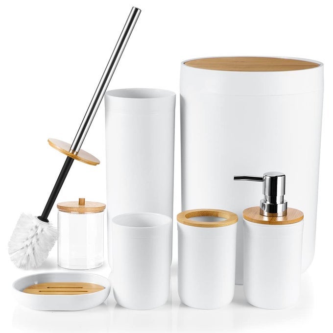 7 PIECES BAMBOO BATHROOM ACCESSORY SET LUXURY PLASTIC ACCESSORIES QTIP HOLDER TOOTHBRUSH TUMBLER TOILET BRUSH SOAP DISH TRASH CAN DISPENSER BATH GIFT WHITE JQJT1009