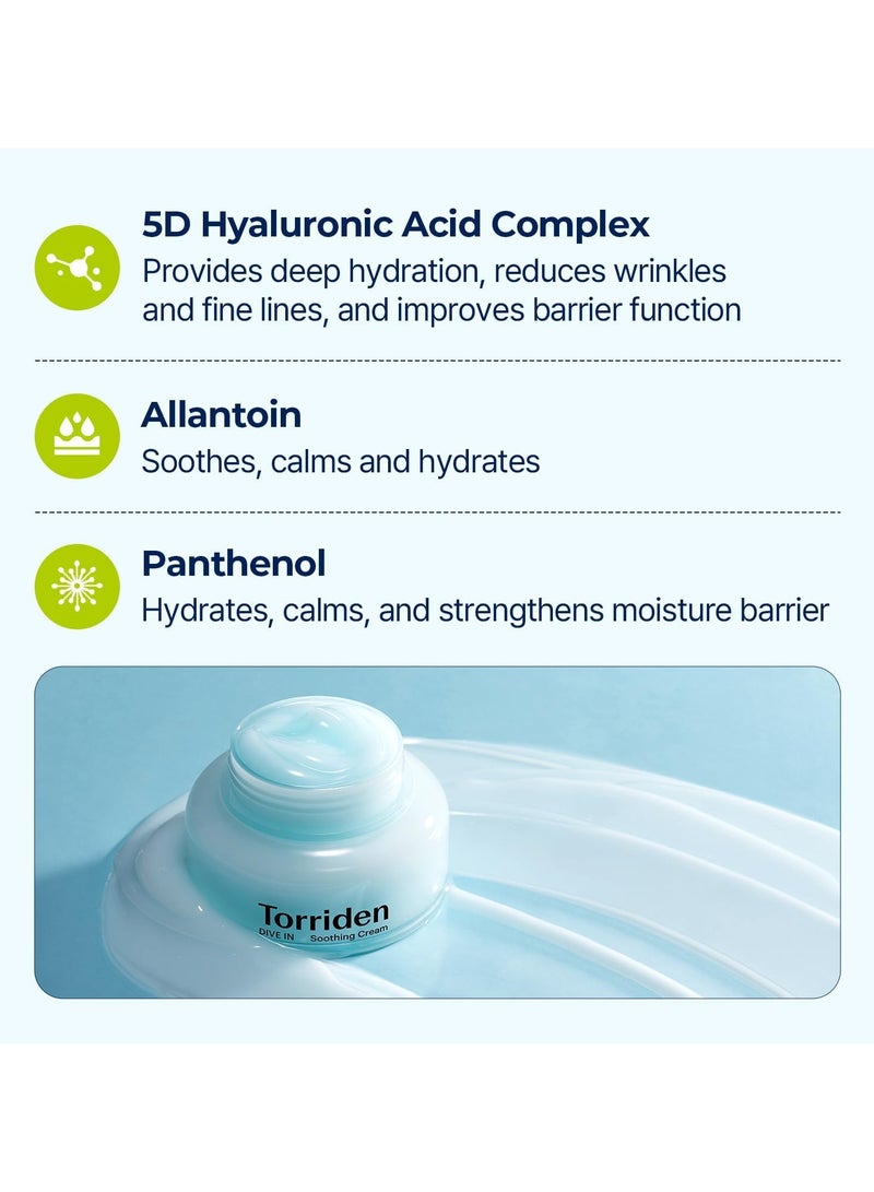 Torriden Dive-In Hyaluronic Acid Soothing Cream 3.38 Fl Oz, Revitalizing Facial Moisturizer For Sensitive, Dry Skin, Fragrance-Free, Alcohol-Free, No Colorants, Vegan, Cruelty-Free
