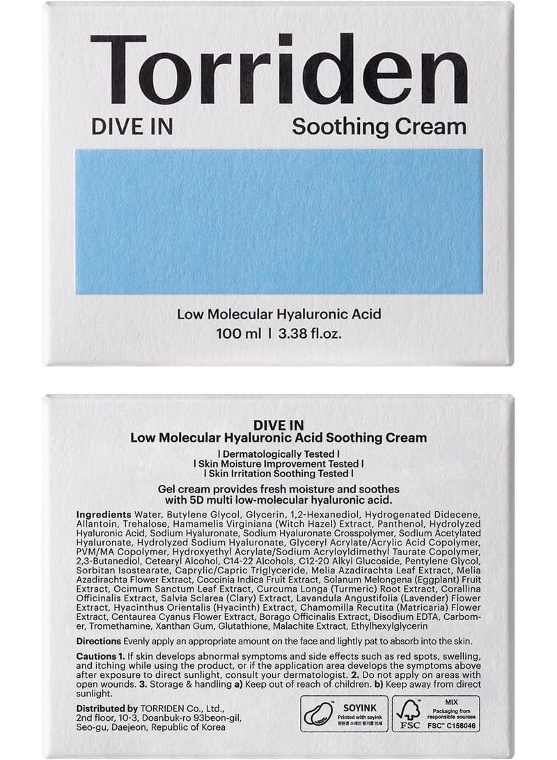 Torriden Dive-In Hyaluronic Acid Soothing Cream 3.38 Fl Oz, Revitalizing Facial Moisturizer For Sensitive, Dry Skin, Fragrance-Free, Alcohol-Free, No Colorants, Vegan, Cruelty-Free