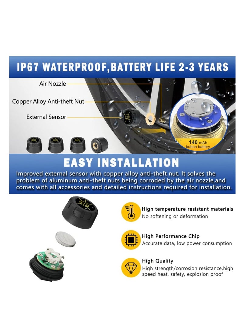 نظام مراقبة ضغط الإطارات، بلوتوث 5.0 TPMS اللاسلكي لعرض ضغط الإطارات ودرجة حرارة الإطارات في الوقت الحقيقي للسيارات والدراجات والدراجات النارية، يدعم iOS وAndroid (4 قطع) - Image 4