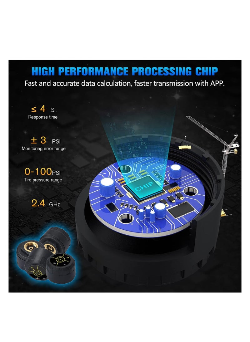 نظام مراقبة ضغط الإطارات، بلوتوث 5.0 TPMS اللاسلكي لعرض ضغط الإطارات ودرجة حرارة الإطارات في الوقت الحقيقي للسيارات والدراجات والدراجات النارية، يدعم iOS وAndroid (4 قطع) - Image 5
