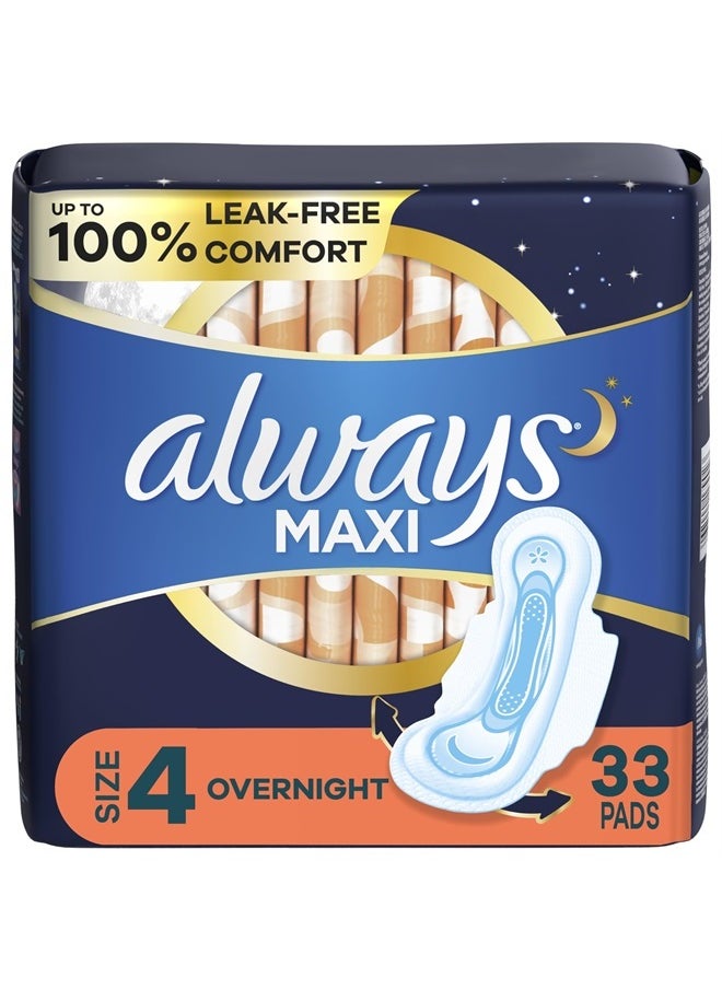 Maxi Pads Size 4 Overnight Absorbency Unscented with Wings, 33 Count