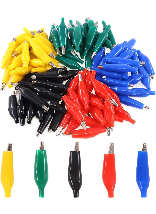 promass 100Pcs 1.8''/45mm Silver Tone Alligator Clips Crocodile Electrical Test Clamps with Black/Red/Yellow/Blue/Green Protective Insulation Cover for Laboratory Testing - Image 1