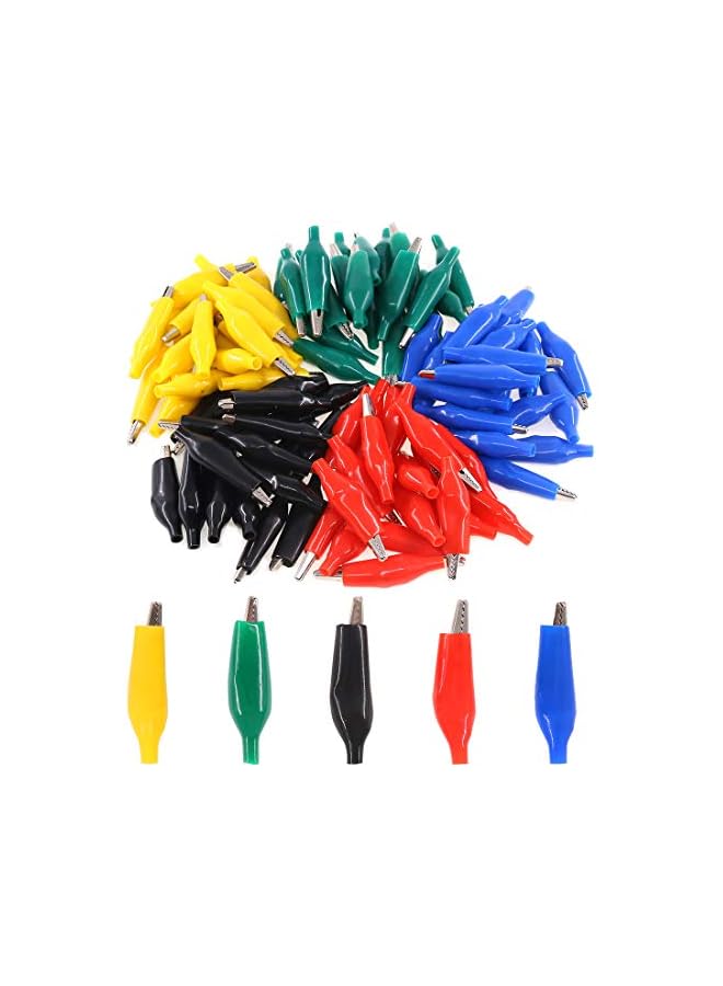 promass 100Pcs 1.8''/45mm Silver Tone Alligator Clips Crocodile Electrical Test Clamps with Black/Red/Yellow/Blue/Green Protective Insulation Cover for Laboratory Testing - Image 2