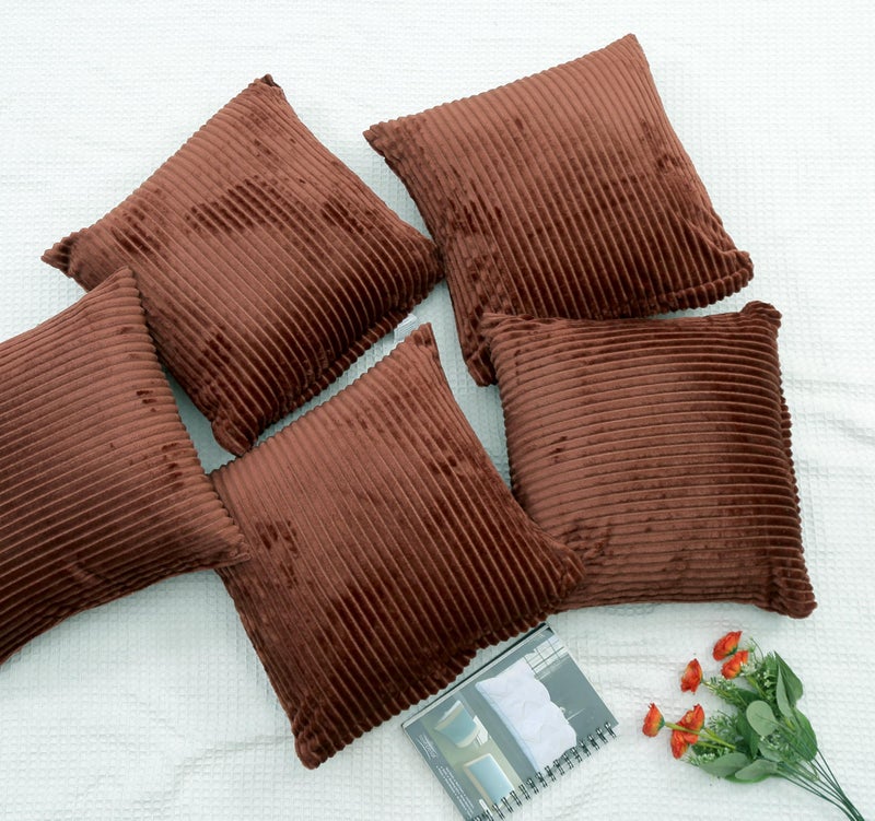 RD TREND® Cushion Cover Set of 5, Decorative Sofa Living Room Home Square Cushion Covers 24 Inch x 24 Inch, Aesthetic Corduroy Striped Double Sided (Coffee,Pack of 5) - Image 5