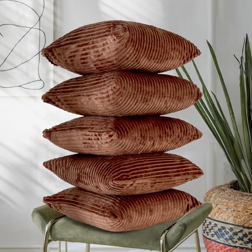 RD TREND® Cushion Cover Set of 5, Decorative Sofa Living Room Home Square Cushion Covers 24 Inch x 24 Inch, Aesthetic Corduroy Striped Double Sided (Coffee,Pack of 5) - Image 1
