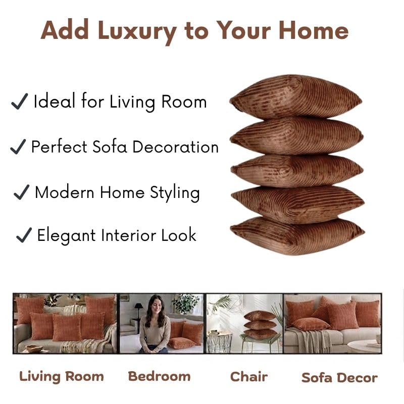 RD TREND® Cushion Cover Set of 5, Decorative Sofa Living Room Home Square Cushion Covers 24 Inch x 24 Inch, Aesthetic Corduroy Striped Double Sided (Coffee,Pack of 5) - Image 3