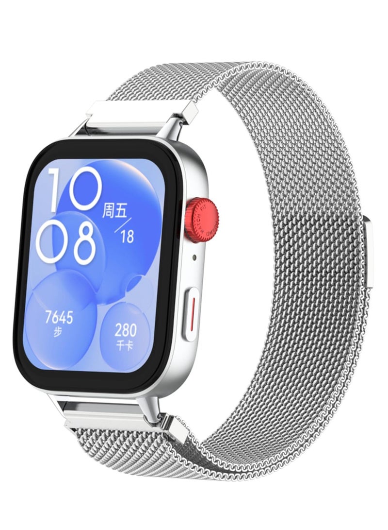 Bracelet Compatible with Huawei Watch Fit 3 Stainless Steel Replacement Strap Metal Mesh with Magnetic Closure Watch Strap for Men and Women Bracelets (Silver)  - Image 1