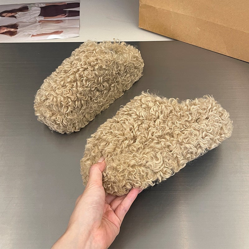 Platform Thick-Soled Baotou Furry Shoes For Women'S Outer Wear 2025 Spring New Popular Lamb Plush Warm And Heightening Cotton Slippers - Image 1