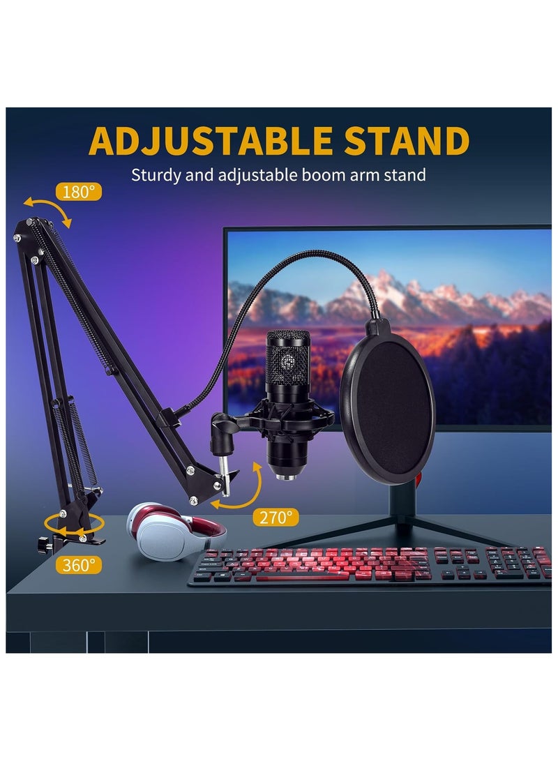 عربست ميكروفون مكثف USB، 192 كيلوهرتز/24 بت، مجموعة مايك استوديو قلبي مع بطاقة صوت، ذراع تثبيت، فلتر بوب، حامل مانع للصدمات، للكمبيوتر، سكايب، تسجيل يوتيوب - Image 3