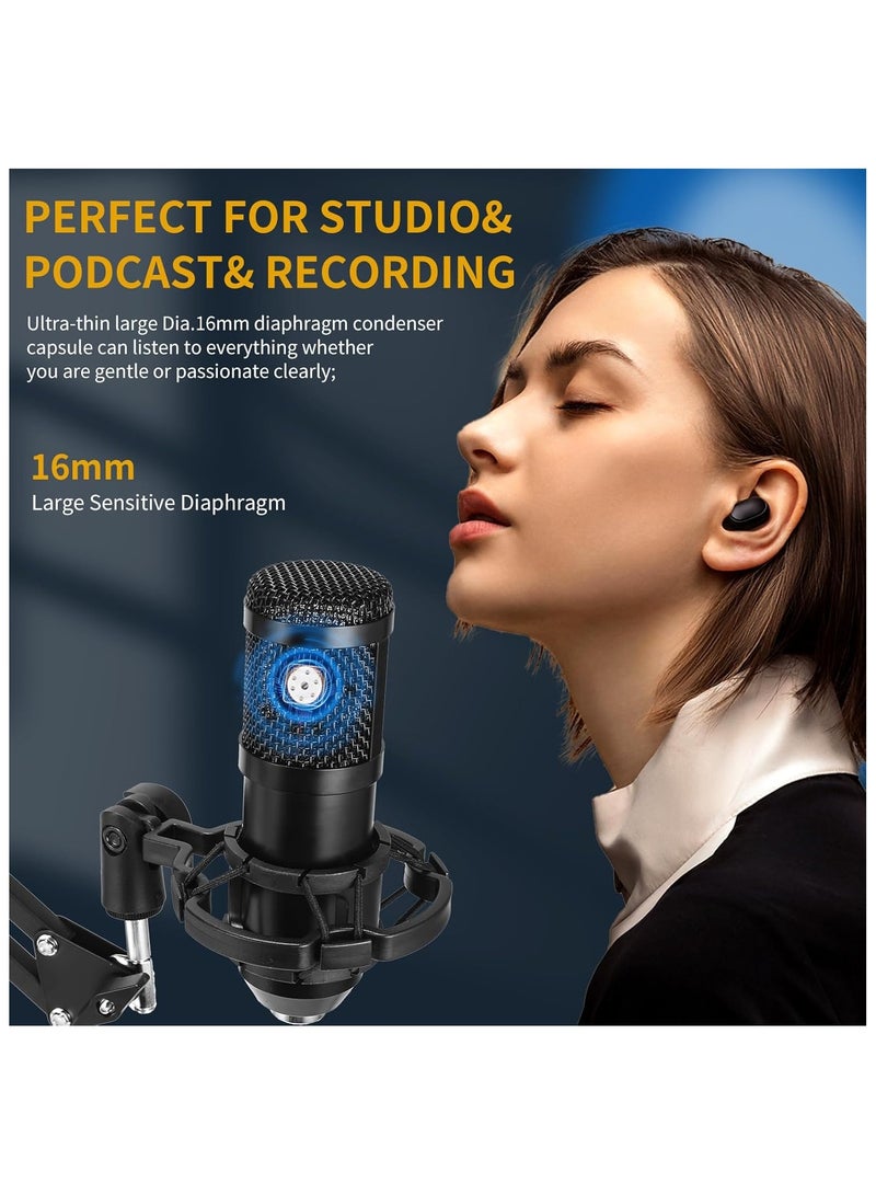 عربست ميكروفون مكثف USB، 192 كيلوهرتز/24 بت، مجموعة مايك استوديو قلبي مع بطاقة صوت، ذراع تثبيت، فلتر بوب، حامل مانع للصدمات، للكمبيوتر، سكايب، تسجيل يوتيوب - Image 2