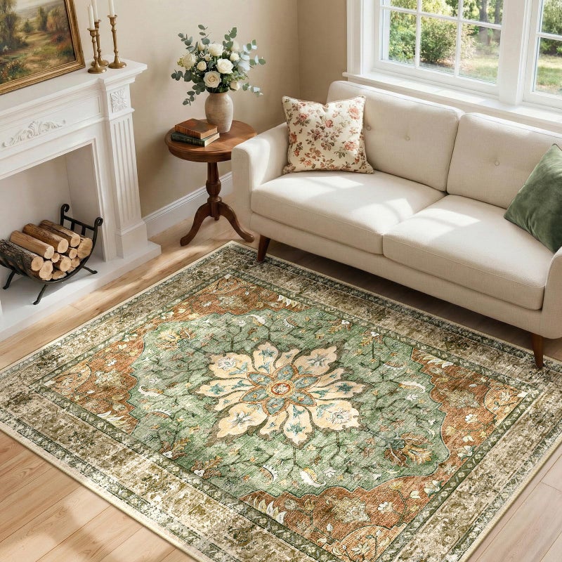 RELEANY Area Rugs 4'x6' Washable Non-Slip, Floral Vintage Distress Print Pattern Medallion Carpet for Living Room Bedroom Dining Room, Brick Red Rust Neutral Brown Burnt Orange Green - Image 1