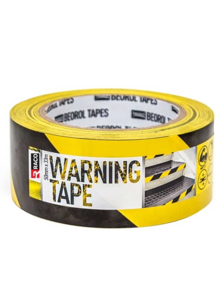 RACO Beorol Warning Tape | Self-Adhesive Warning Tape for Construction Site Marking 50mm x 33m | Ideal for Home, Warehouse, Factory, School, and More (Yellow/Black) - Image 1