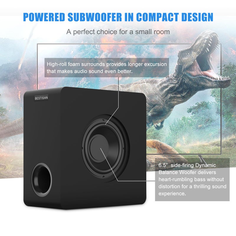 BESTISAN Powered Subwoofer, 6.5'' Side Firing Home Audio Sub, Deep Bass Response Subwoofers, Easy Setup with Home Theater Systems, TV, Speakers, RCA, LFE, AUX Input, High-Level Speaker Input & Output - Image 2