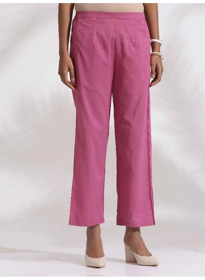ترو برونز trueBrowns Pink Cotton Floral Embroidered Flared Kurta Set