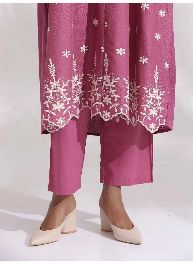 ترو برونز trueBrowns Pink Cotton Floral Embroidered Flared Kurta Set