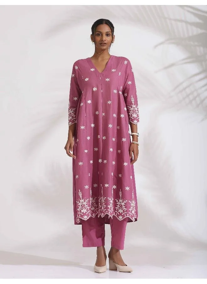 trueBrowns Pink Cotton Floral Embroidered Flared Kurta Set