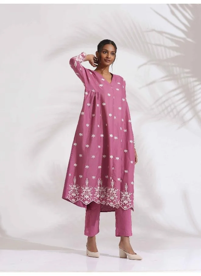 trueBrowns Pink Cotton Floral Embroidered Flared Kurta Set