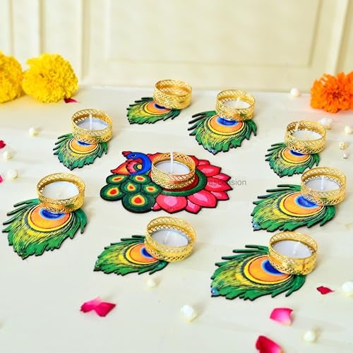 Ascension Decorative Peacock Tealight Candle Holder Stand Set of 9 - Mor Pankh Design Reusable Diya for Diwali Floor Rangoli Decoration Items, Home Decor, Diyas Indoor Outdoor Office Gifting, - Image 1