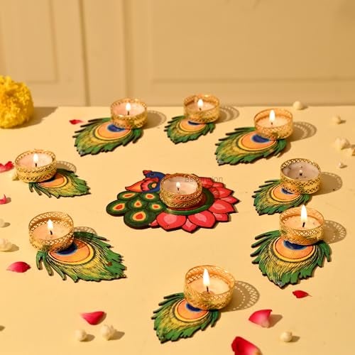 Ascension Decorative Peacock Tealight Candle Holder Stand Set of 9 - Mor Pankh Design Reusable Diya for Diwali Floor Rangoli Decoration Items, Home Decor, Diyas Indoor Outdoor Office Gifting, - Image 3