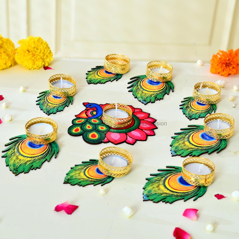 Ascension Decorative Peacock Tealight Candle Holder Stand Set of 9 - Mor Pankh Design Reusable Diya for Diwali Floor Rangoli Decoration Items, Home Decor, Diyas Indoor Outdoor Office Gifting, - Image 5