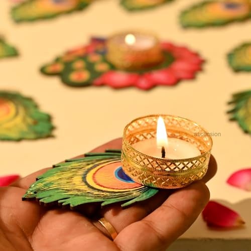 Ascension Decorative Peacock Tealight Candle Holder Stand Set of 9 - Mor Pankh Design Reusable Diya for Diwali Floor Rangoli Decoration Items, Home Decor, Diyas Indoor Outdoor Office Gifting, - Image 2