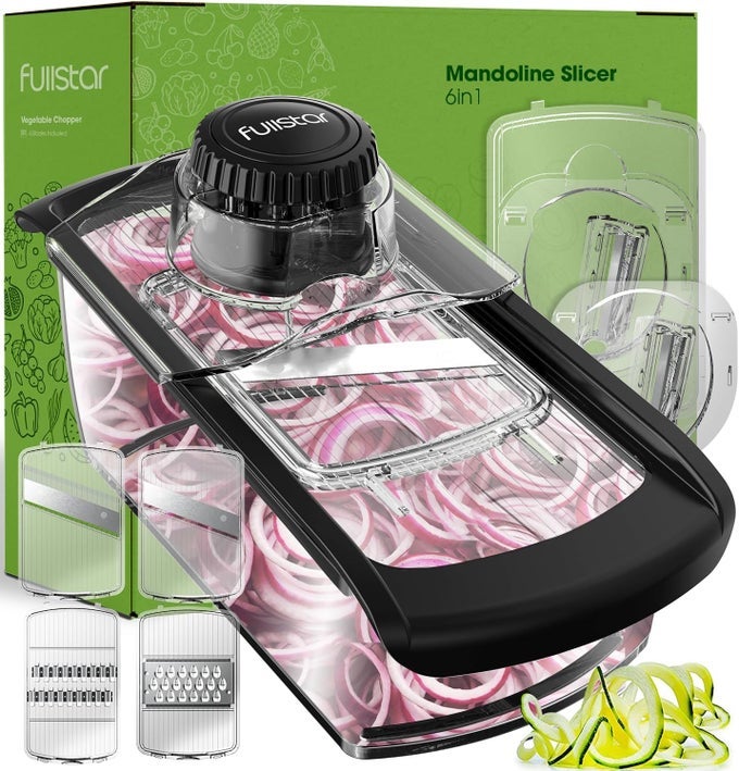 MANDOLINE SLICER FOR KITCHEN FRUIT CUTTER CHEESE GRATER CUCUMBER SLICER VEGGIE SPIRALIZER FOOD CUTTER KITCHEN GADGETS GIFTS WITH SAFETY GLOVE 6 IN 1 CLEAR