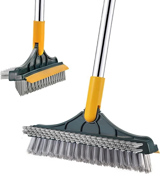 Deoxys 3 in 1 Cleaning Scrub Brush Multifunction Grout Brush Scrape with Long Handle VShape Stiff Bristle Squeegee Brush Scrubber Magic Broom Brush for Cleaning Bathroom Glass Wall