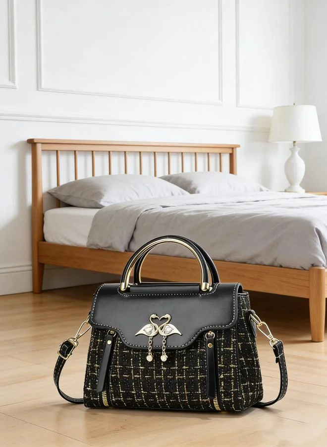 Take Two Black Tweed Look Handbag with Swan Detail