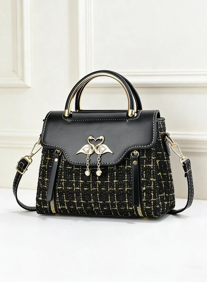 Take Two Black Tweed Look Handbag with Swan Detail