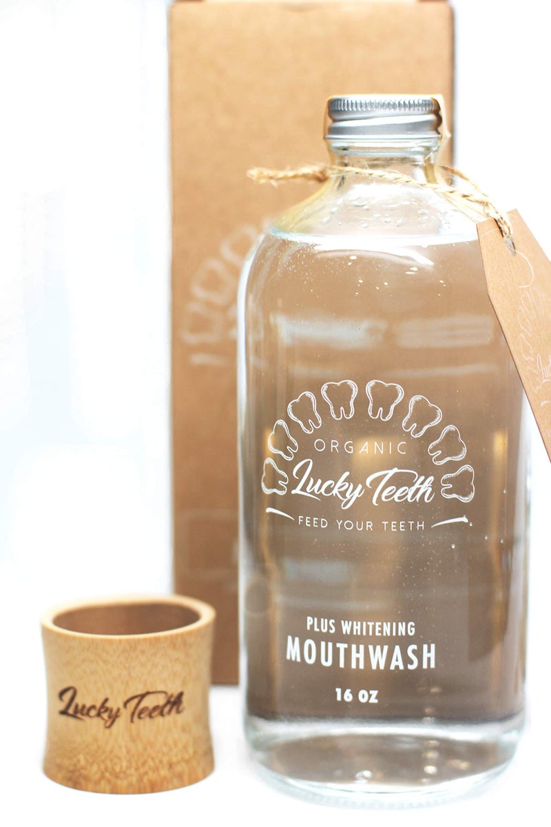 Lucky Teeth Organic MouthWash Plus WHITENING Whitens Refreshes Food Grade Peroxide Essential Oils Vegan and Cruelty Free Glass Jar 16 OZ 