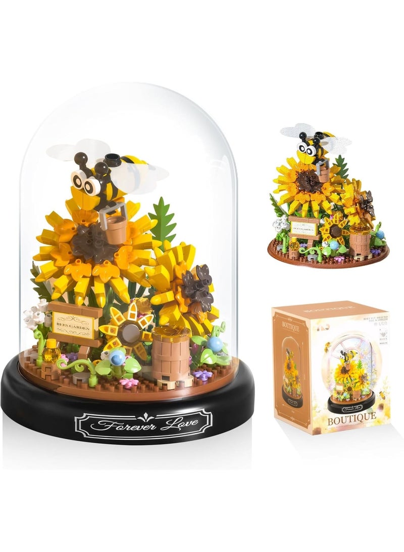 Barakah Flower Building Set, Micro Bricks Botanical Kit with Bee and Sunflower, Creative Mini Block Flowers and Insects with Transparent Cover, Educational DIY Toy for Adults and Kids Home Decoration, Yellow - Image 1