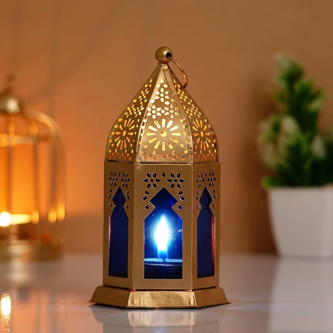 PREMIUM MOROCCAN GOLD, BLUE COLOR METAL IRON LANTERN TEA LIGHT HOLDER WITH FREE TEALIGHT CANDLE HOLDER FOR HOME | TEALIGHT CANDLE HOLDERS FOR DIWALI DECORATION