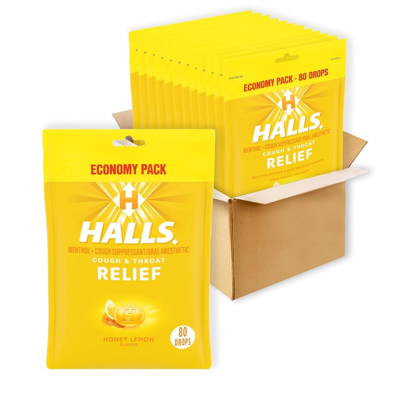Halls HALLS Relief Honey Lemon Cough Drops, Economy Pack, 12 Packs of 80 Drop Bags (960 Total Drops)