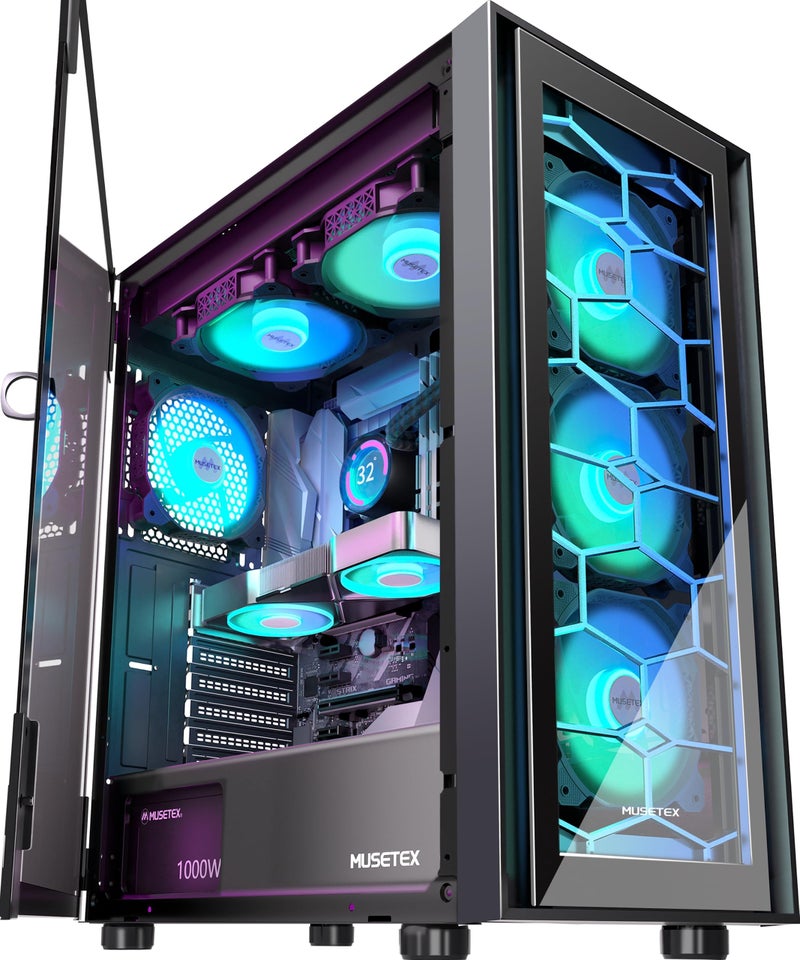 MUSETEX صندوق كمبيوتر MUSETEX ATX، 6 مروحة PWM ARGB مثبتة مسبقًا، صندوق كمبيوتر مع باب زجاجي مقسى مفتوح، صندوق ألعاب كمبيوتر متوسط البرج، USB 3.0 x 2، أسود، G07 - Image 1