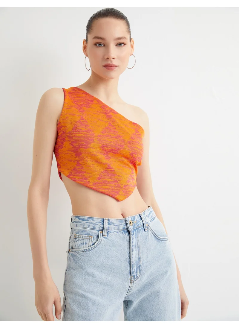 KOTON One Shoulder Crop Top Crop Woven Asymmetrical Cut Side Window Detailed