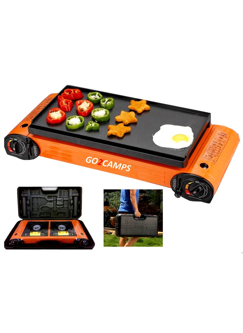 GO2CAMPS Double Burner Butane Camping Stove With BBQ Grill Hotplate/Humburger Tray and 4-Piece Butane Gas Catridge Camping Tools (Compo Sett) Multicolour  - Image 2