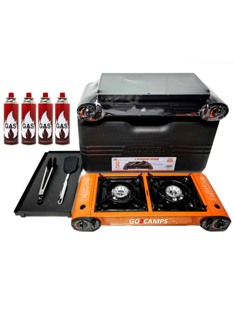 GO2CAMPS Double Burner Butane Camping Stove With BBQ Grill Hotplate/Humburger Tray and 4-Piece Butane Gas Catridge Camping Tools (Compo Sett) Multicolour  - Image 1