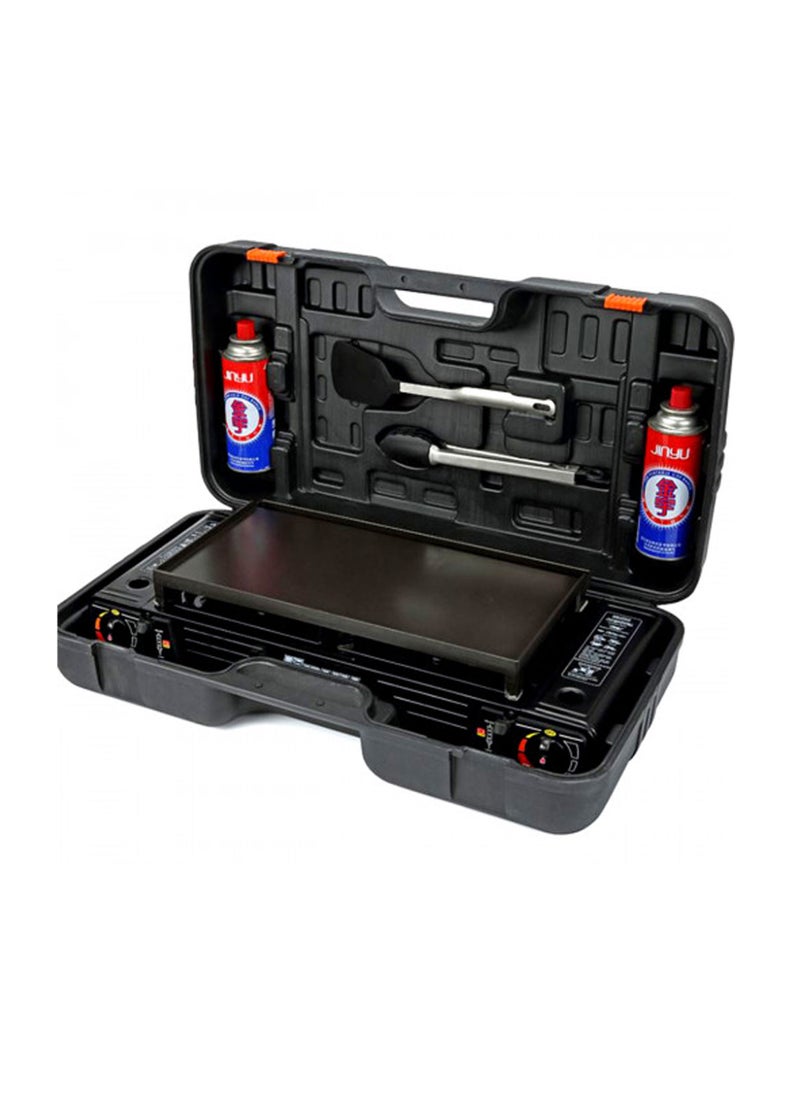 GO2CAMPS Double Burner Butane Camping Stove With BBQ Grill Hotplate/Humburger Tray and 4-Piece Butane Gas Catridge Camping Tools (Compo Sett) Multicolour  - Image 5