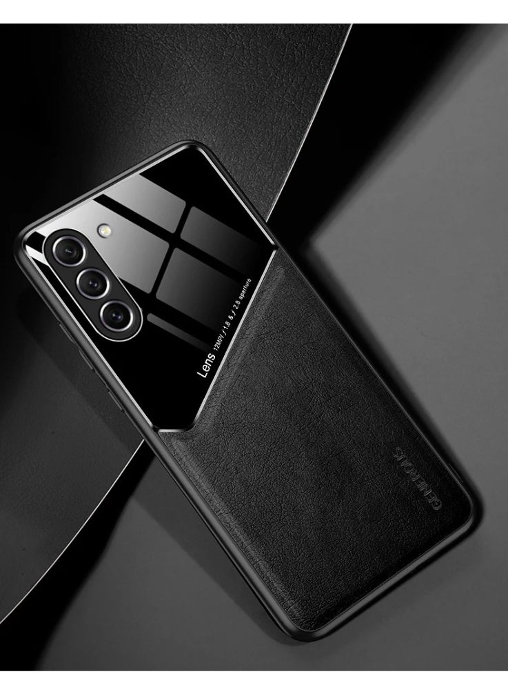 جراب متوافق مع هاتف Samsung Galaxy S23 Plus، غطاء فاخر من الجلد والزجاج مع حامل مغناطيسي للسيارة، غطاء هاتف بإطار ناعم من السيليكون - أسود