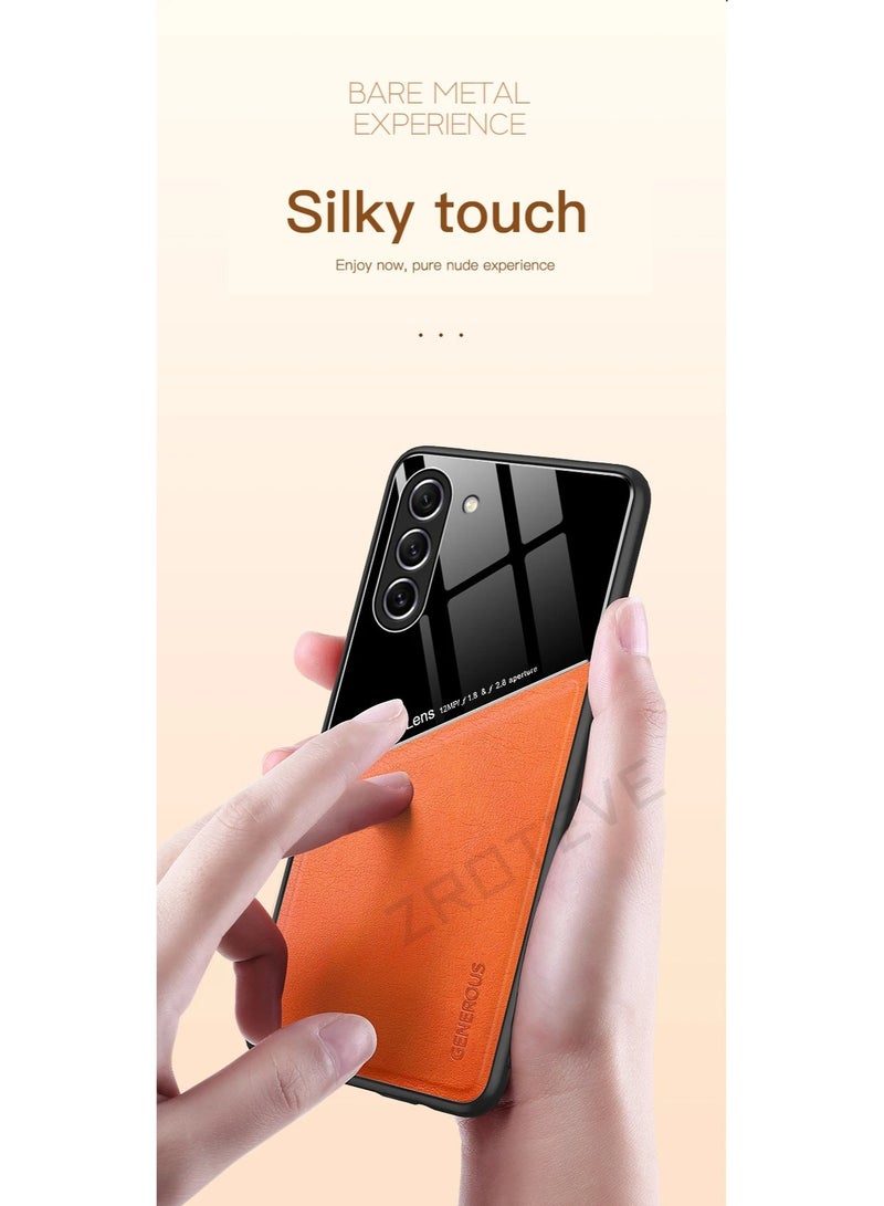 جراب متوافق مع هاتف Samsung Galaxy S23 Plus، غطاء فاخر من الجلد والزجاج مع حامل مغناطيسي للسيارة، غطاء هاتف بإطار ناعم من السيليكون - أسود