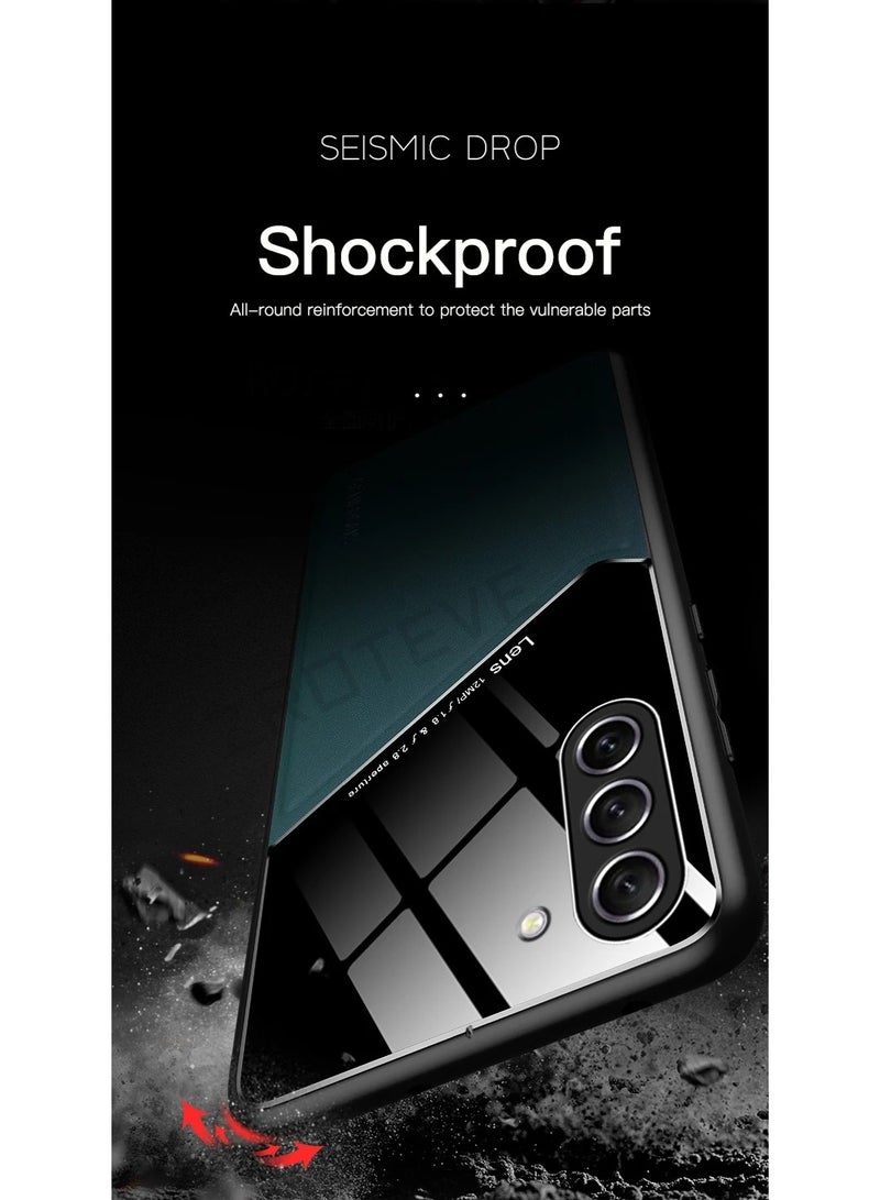 جراب متوافق مع هاتف Samsung Galaxy S23 Plus، غطاء فاخر من الجلد والزجاج مع حامل مغناطيسي للسيارة، غطاء هاتف بإطار ناعم من السيليكون - أسود