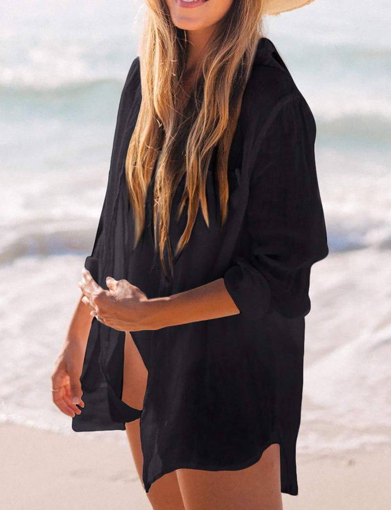 Bsubseach Long Sleeve Beach Shirt Blouses Women Turn Down Collar Bikini Bathing Suit Cover Ups Swimwear Black - Image 2