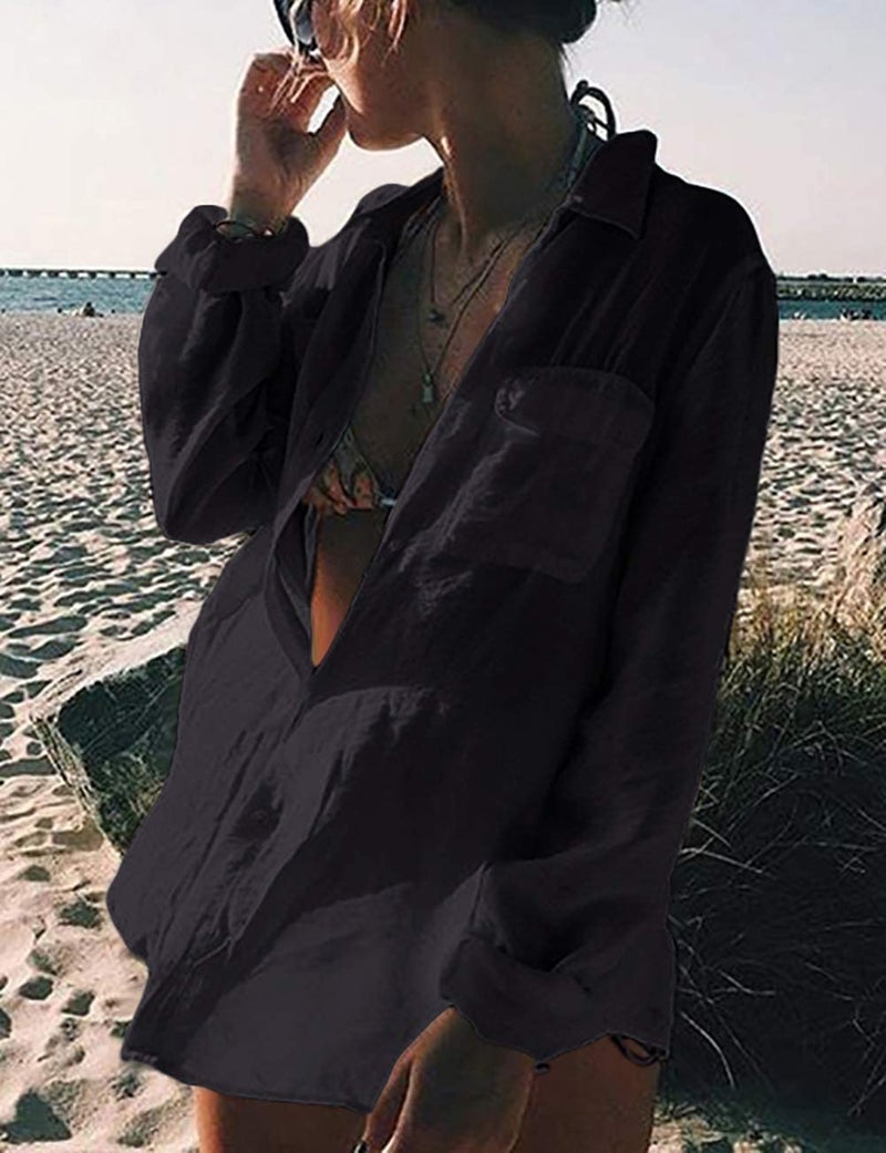 Bsubseach Long Sleeve Beach Shirt Blouses Women Turn Down Collar Bikini Bathing Suit Cover Ups Swimwear Black - Image 5